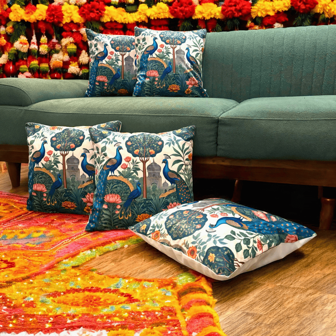 Peacock Garden Velvet Cushion Cover