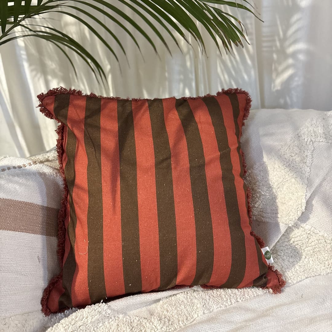Terracotta Ember Ruffle Cushion Cover – Rust Brown Stripes Lushlyf