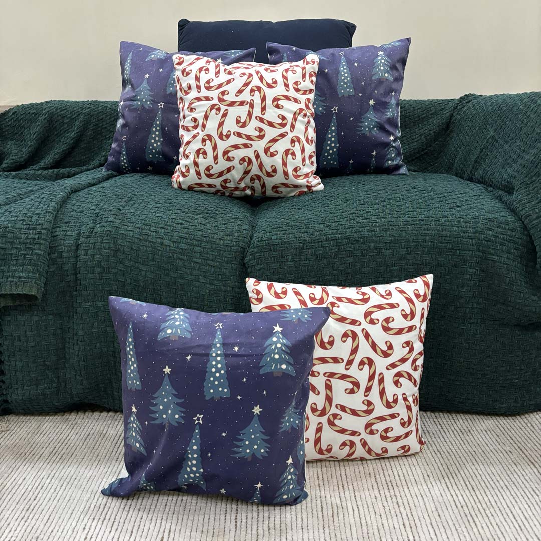 Christmas Trees & Candy Cane Velvet Christmas Cushion Cover Set of 5 - Combo