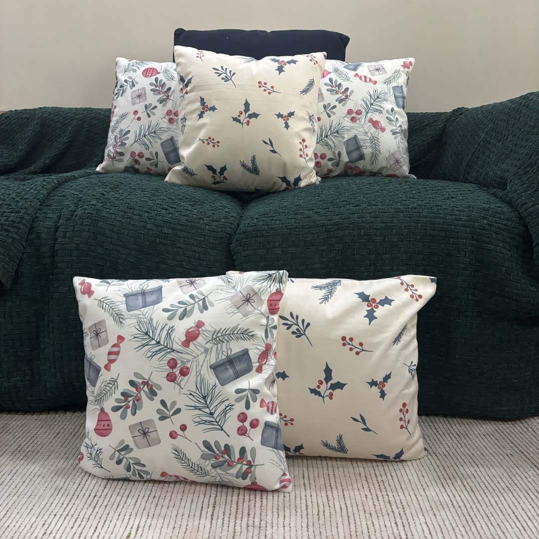 Holiday Gift & Holly Berry Velvet Christmas Cushion Cover Combo - Set of 5
