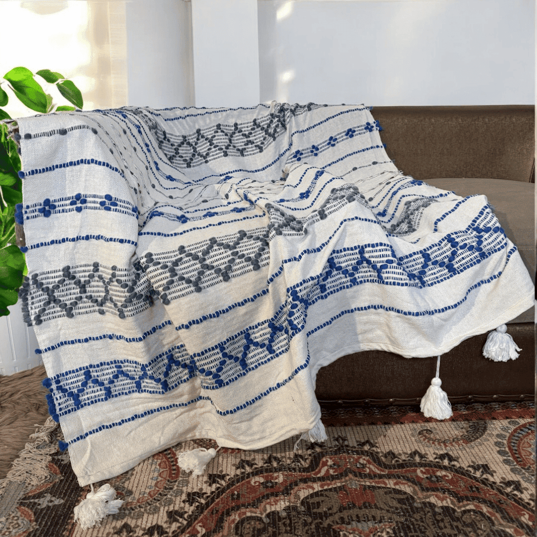 Royal Blue Geometric Tufted Sofa Throw