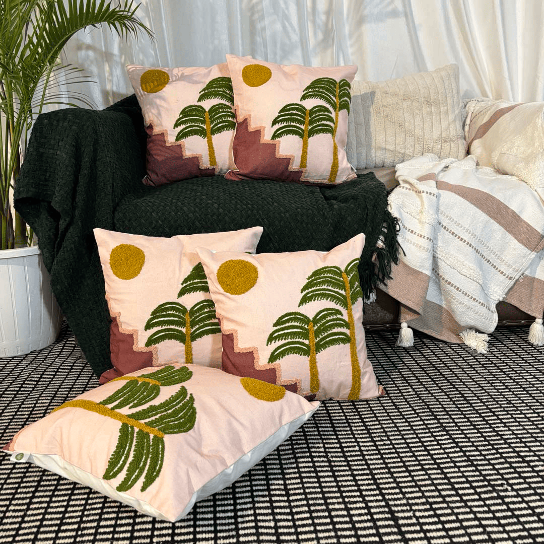 Sunset Steps Embroidered Cushion Cover – Pink & Mustard