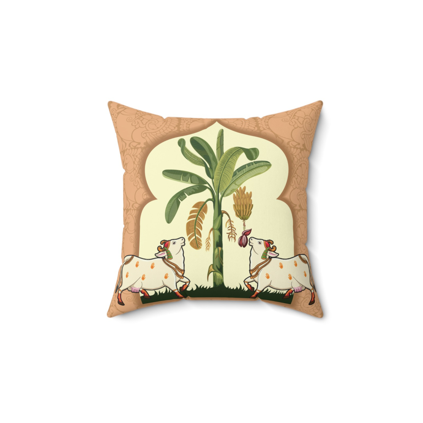 Vrindavan Cow with Banana Arches Cushion Cover