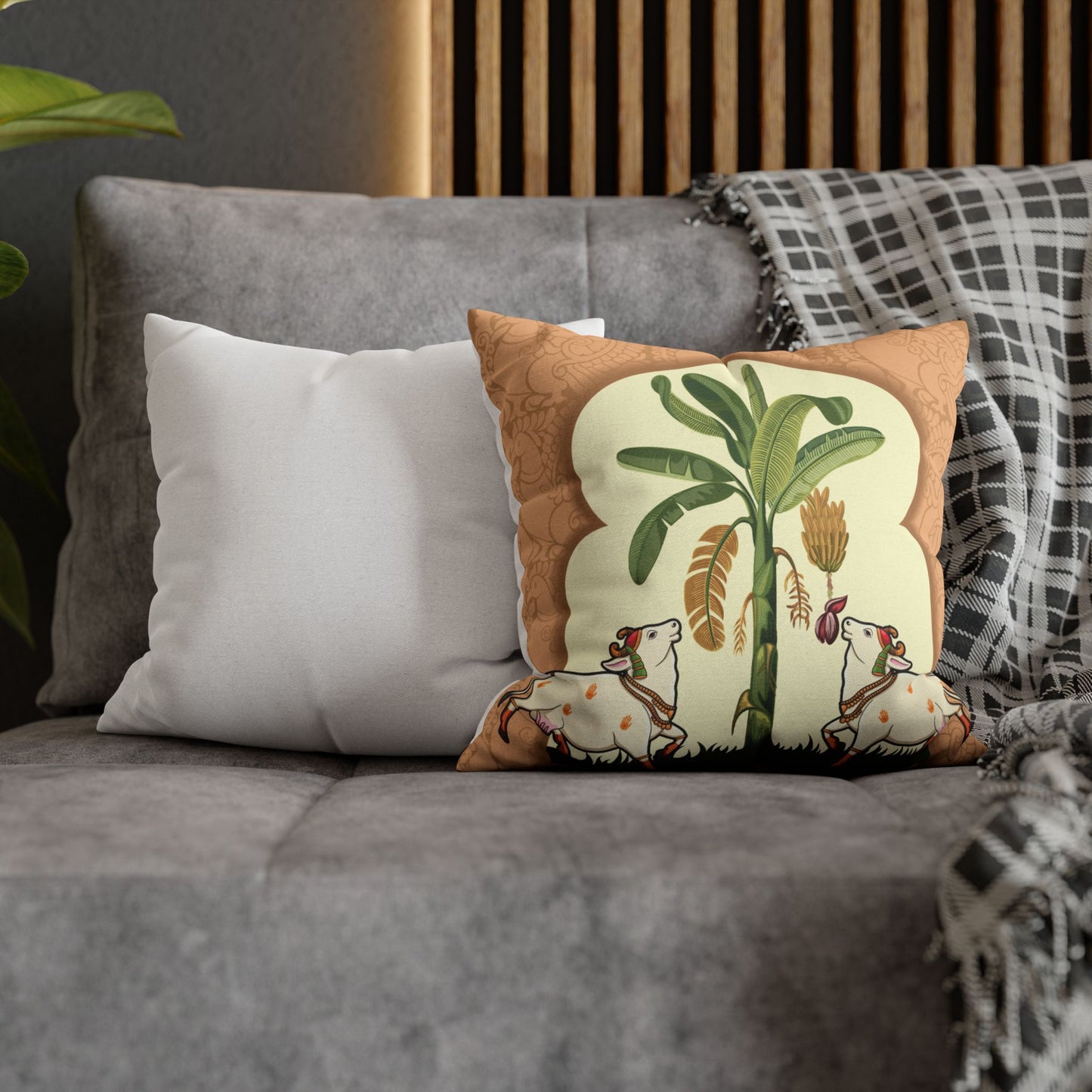 Vrindavan Cow with Banana Arches Cushion Cover