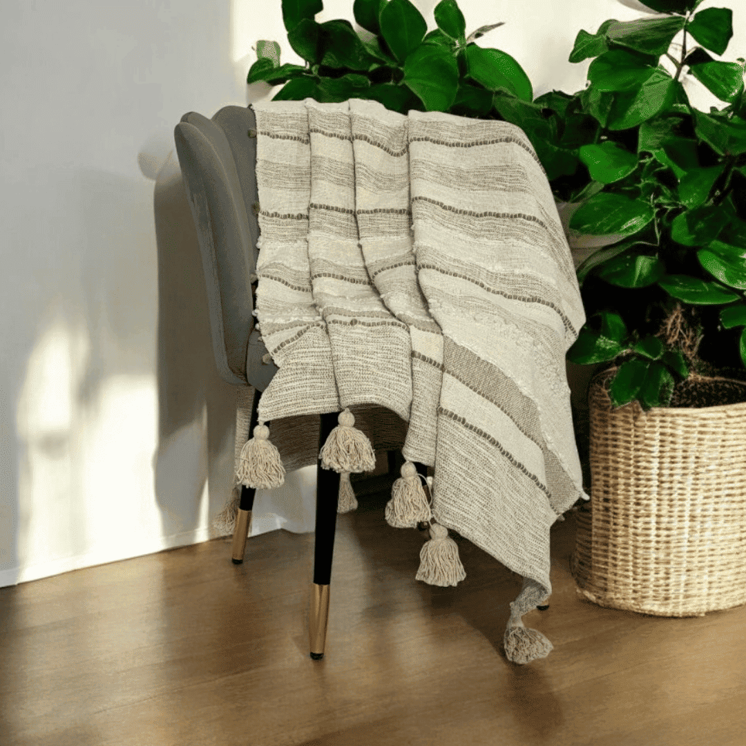 Beige sofa throw with tassels draped over a chair beside a green potted plant in a sunlit room.