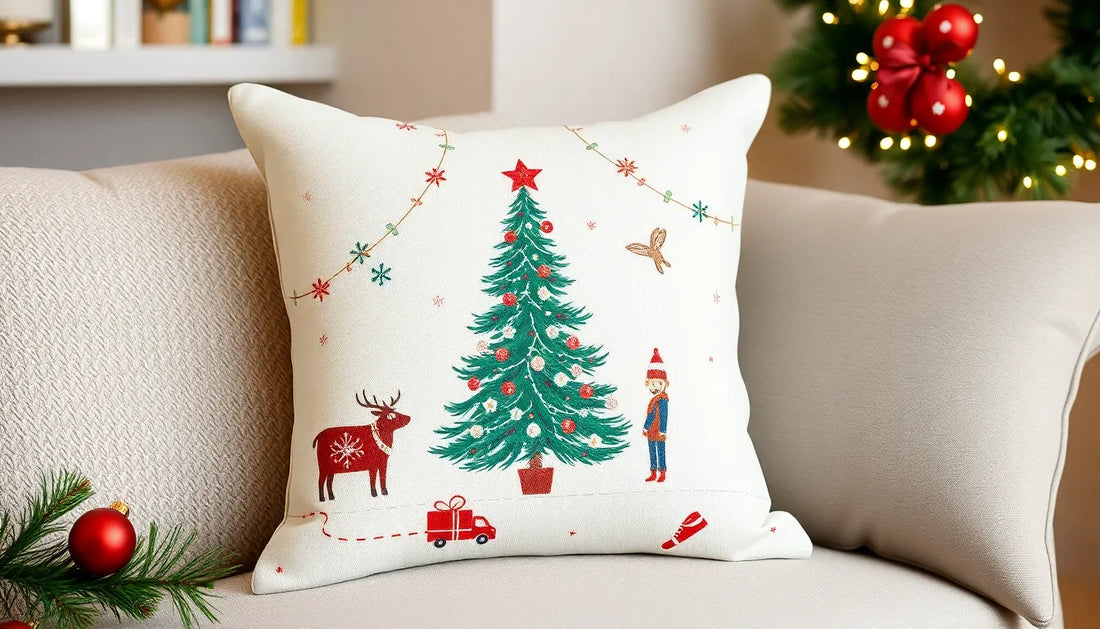 Cozy Christmas living room with earthy cushions, festive garland, pine décor and warm lighting for a nature-inspired holiday home look.