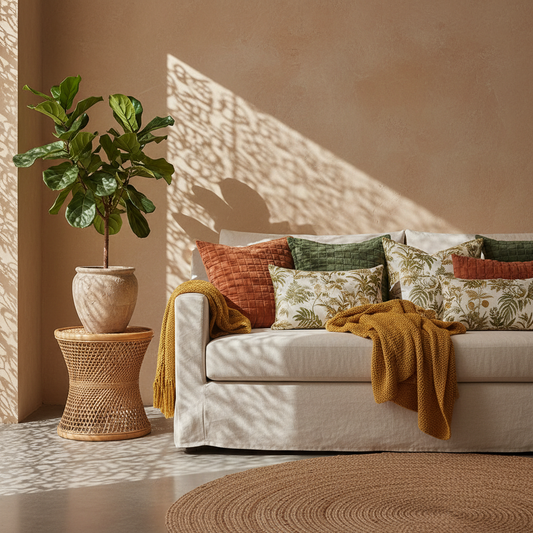 sunlit sofa with botanical tufted cushions, terracotta ruffle cover, and potted plant
