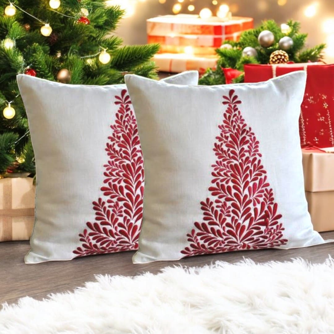 Festive Red Tree Tufted Christmas Cushion Cover