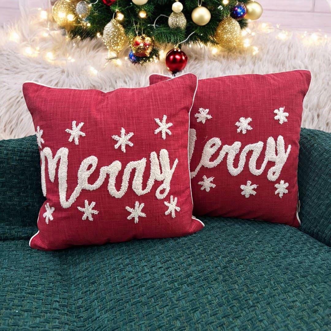 Merry Script Tufted Christmas Cushion Cover