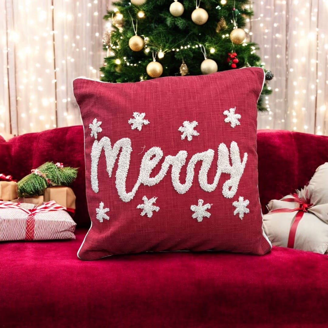 Merry Script Tufted Christmas Cushion Cover