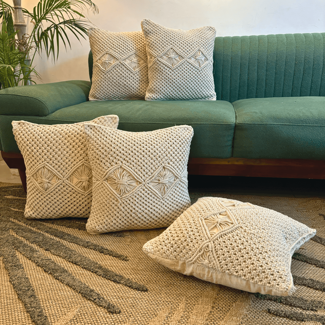 Macrame Diamond Design Tufted Cushion Cover - Set of 5