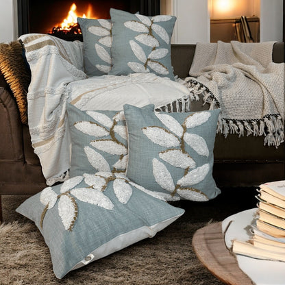 Aqua Leaf Tufted Cushion Cover