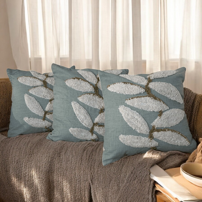 Aqua Leaf Tufted Cushion Cover