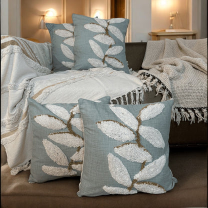 Aqua Leaf Tufted Cushion Cover