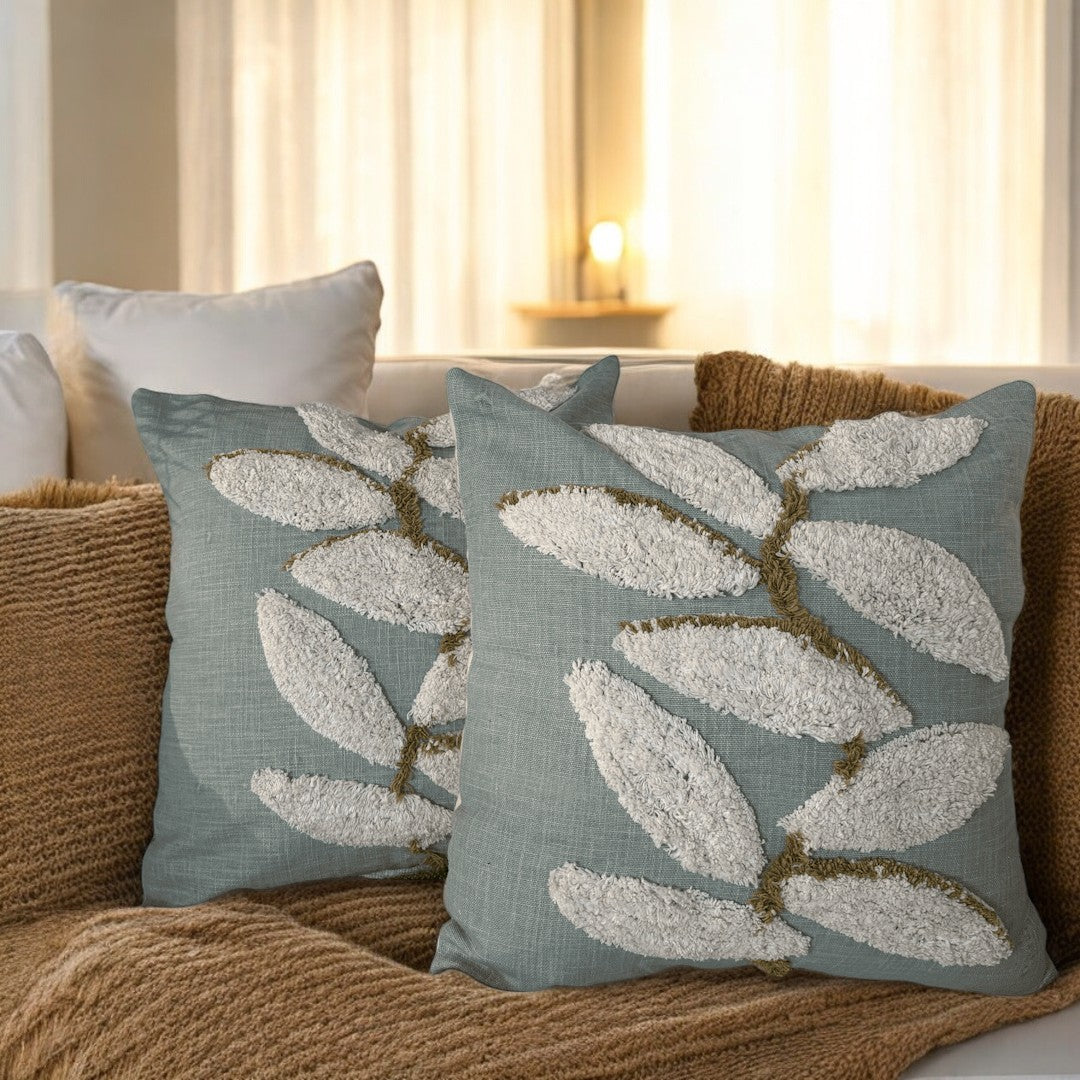 Aqua Leaf Tufted Cushion Cover