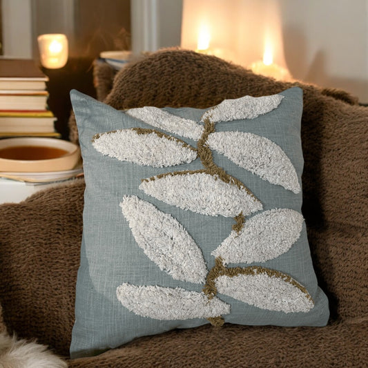 Aqua Leaf Tufted Cushion Cover