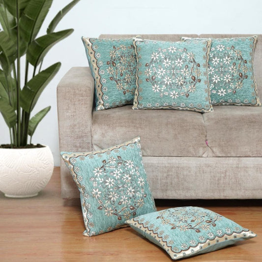 Aquamarine Bloom Embroidered Velvet Cushion Cover - Set of 5