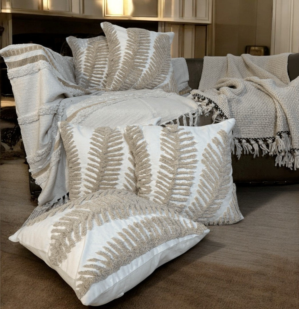 Beige Fern Tufted Cushion Cover