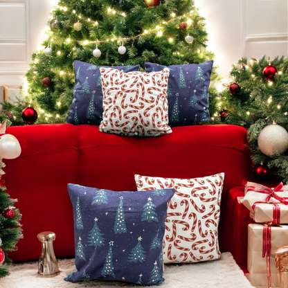 Christmas Trees & Candy Cane Velvet Christmas Cushion Cover Set of 5 - Combo