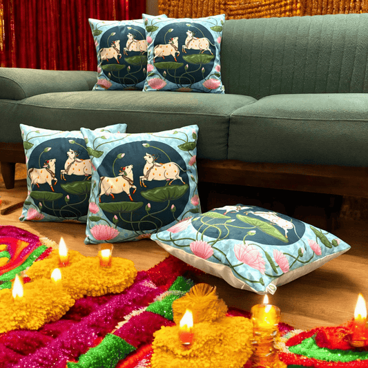 Divine Lotus Festive Velvet Cushion Cover - Set of 5