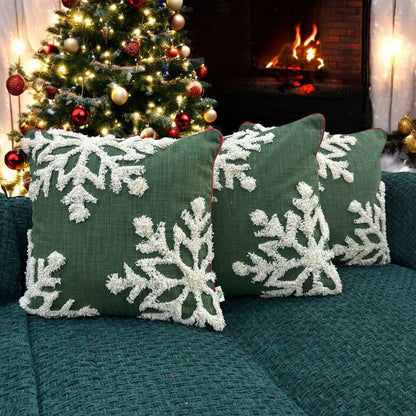 Evergreen Snowflake Tufted Christmas Cushion Cover