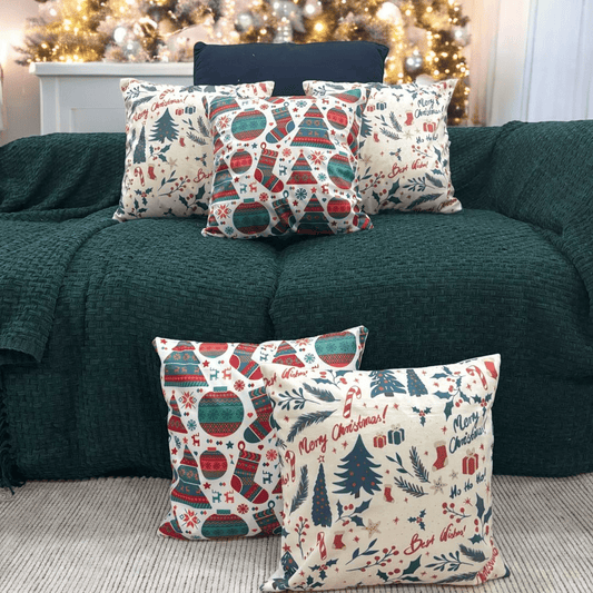 Festive Greetings & Holiday Icons Velvet Christmas Cushion Cover Set of 5