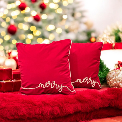 Festive Merry Velvet Christmas Cushion Cover