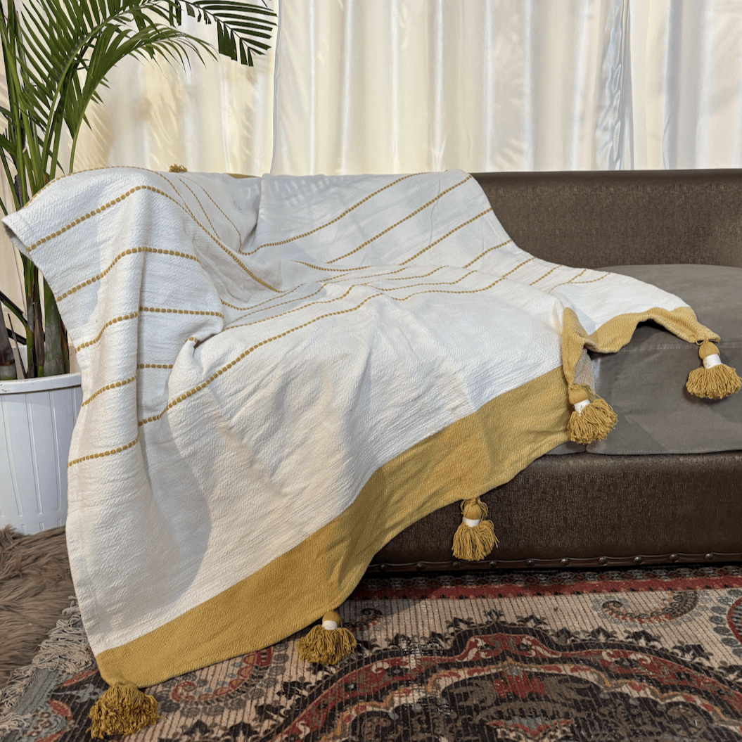 Golden Striped Tufted Sofa Throw