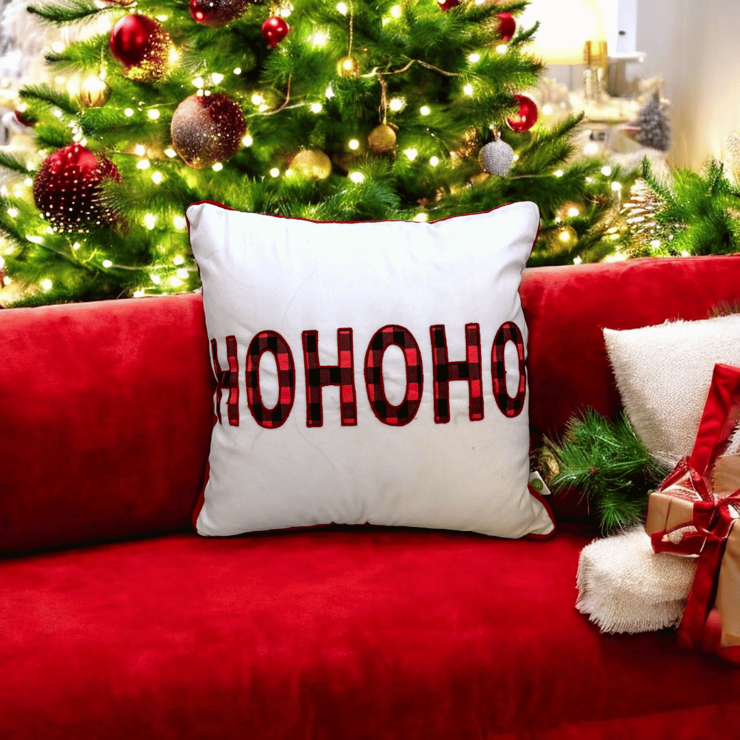 HOHOHO Plaid Embroidered Christmas Cushion Cover