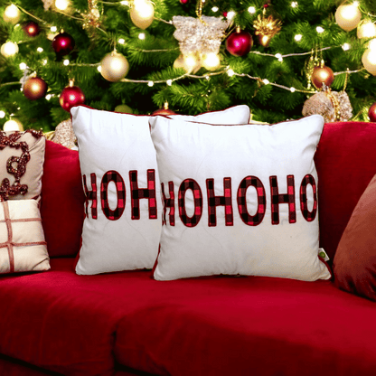 HOHOHO Plaid Embroidered Christmas Cushion Cover