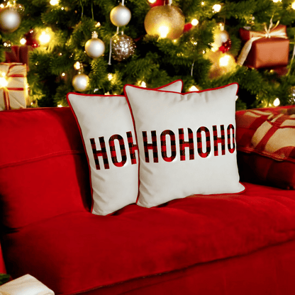 HOHOHO Plaid Embroidered Christmas Cushion Cover