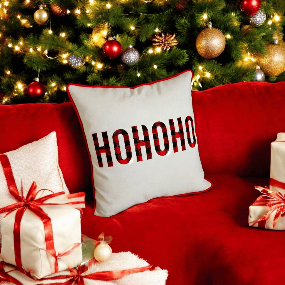 HOHOHO Plaid Embroidered Christmas Cushion Cover