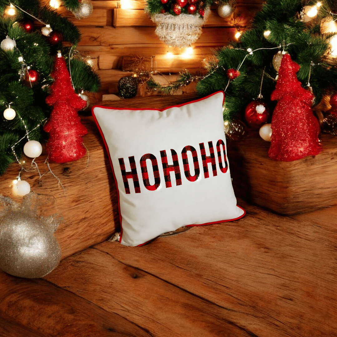 HOHOHO Plaid Embroidered Christmas Cushion Cover