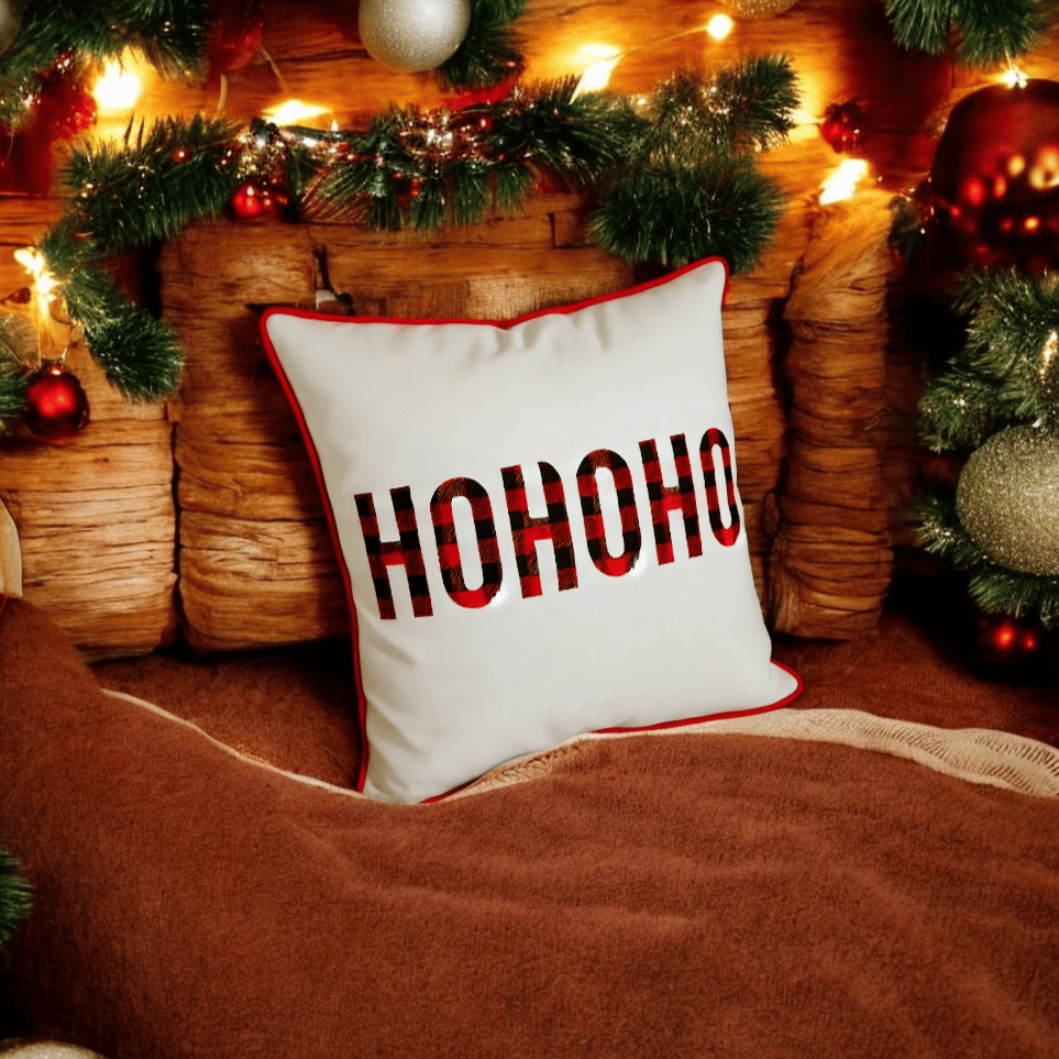 HOHOHO Plaid Embroidered Christmas Cushion Cover