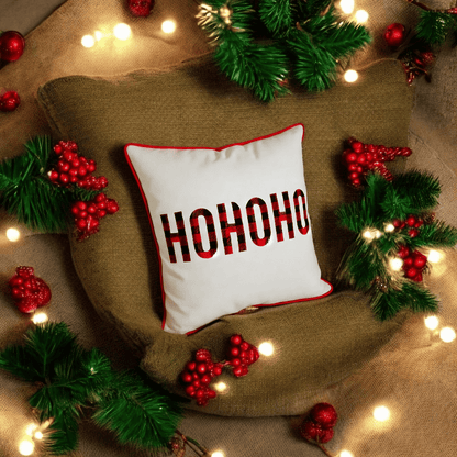 HOHOHO Plaid Embroidered Christmas Cushion Cover