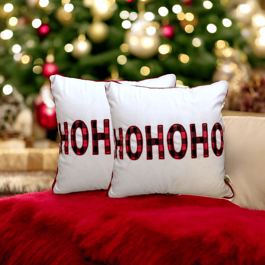 HOHOHO Plaid Embroidered Christmas Cushion Cover