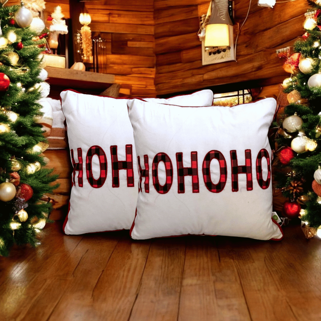 HOHOHO Plaid Embroidered Christmas Cushion Cover