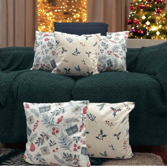 Holiday Gift & Holly Berry Velvet Christmas Cushion Cover Combo - Set of 5