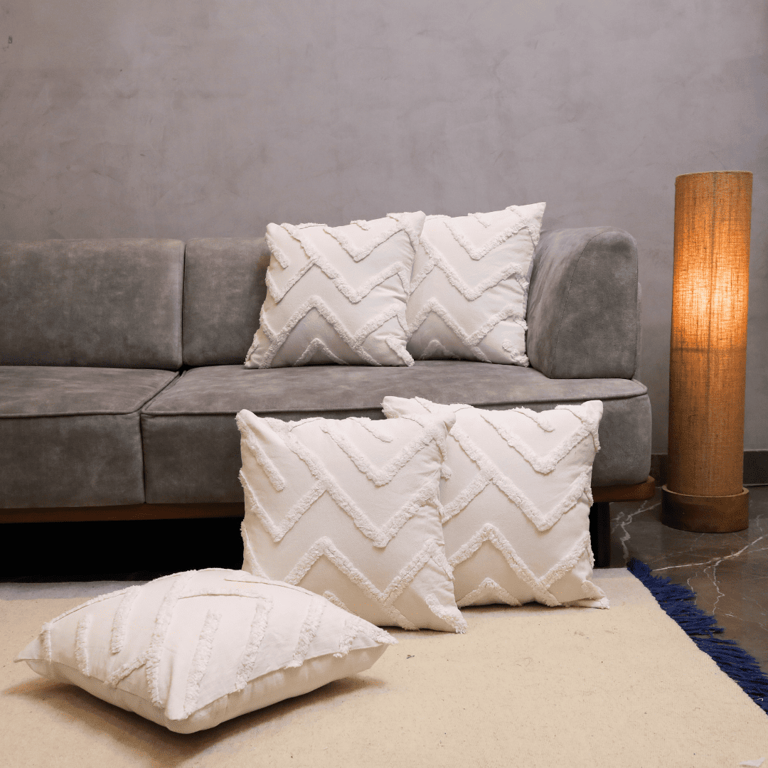 Ivory Chevron Tufted Cushion Cover - Set of 5