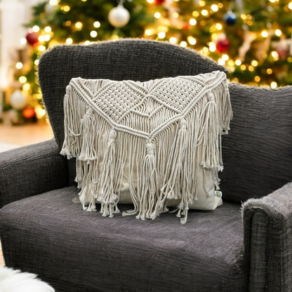 Macramé Elegance Fringed Cushion Cover