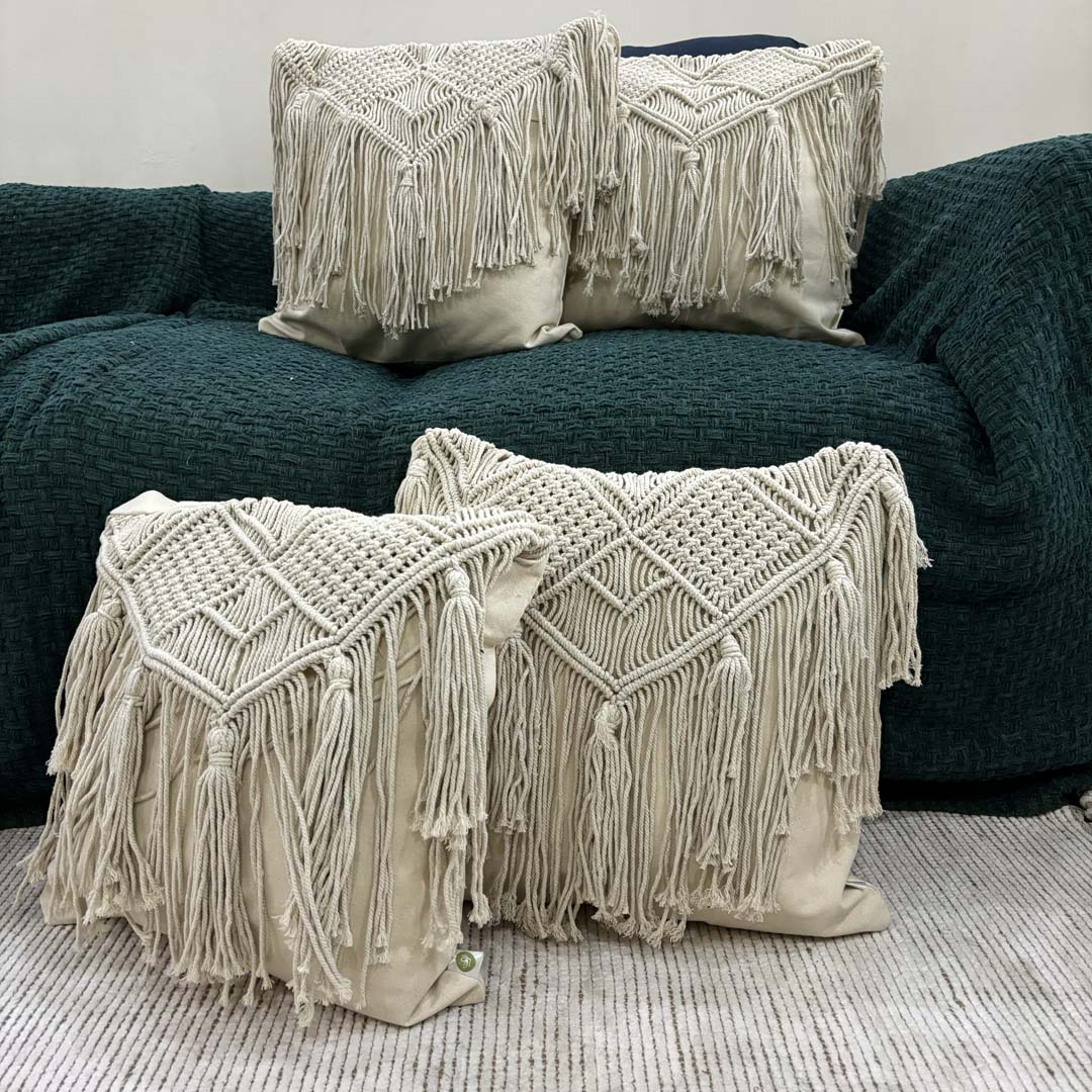 Macramé Elegance Fringed Cushion Cover