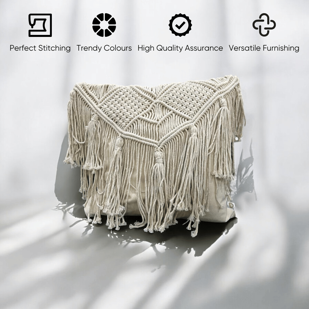 Macramé Elegance Fringed Cushion Cover