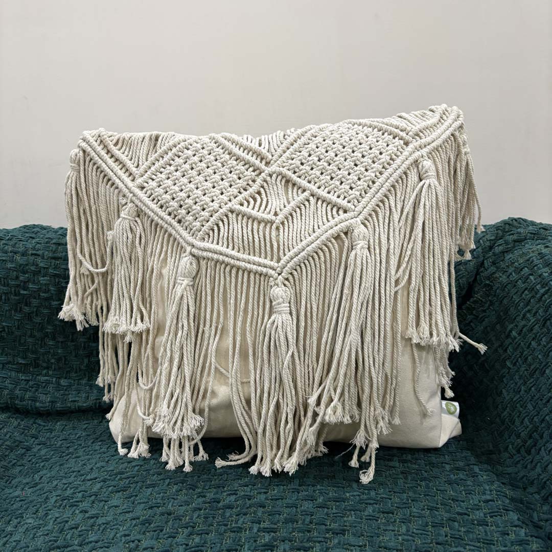 Macramé Elegance Fringed Cushion Cover