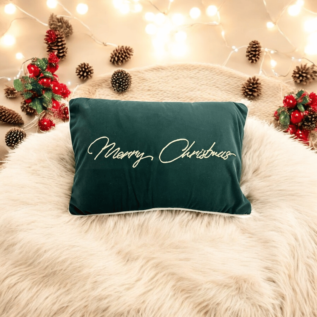 Merry Christmas Velvet Embroidered Cushion Cover