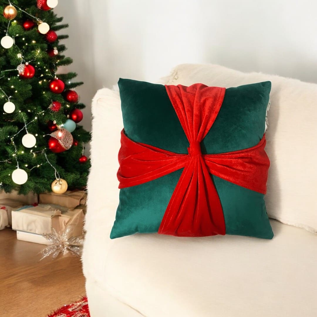 Mistletoe Bow Velvet Christmas Cushion Cover by Lushlyf