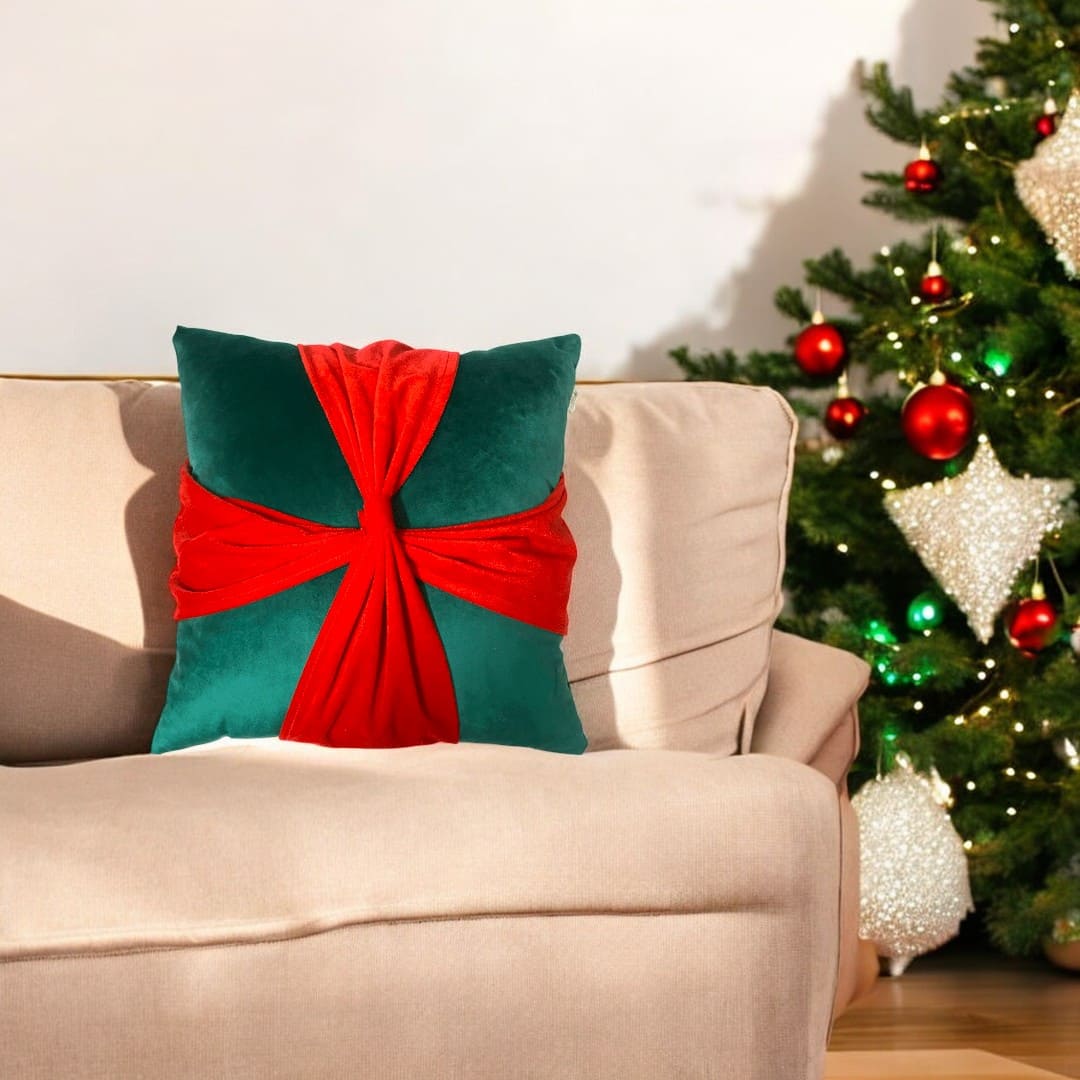 Mistletoe Bow Velvet Christmas Cushion Cover by Lushlyf