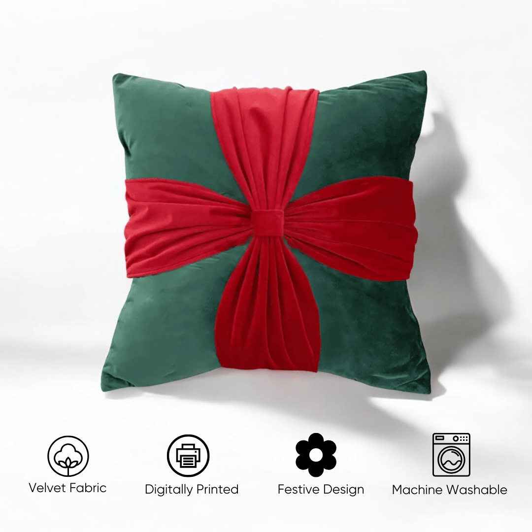 Mistletoe Bow Velvet Christmas Cushion Cover by Lushlyf