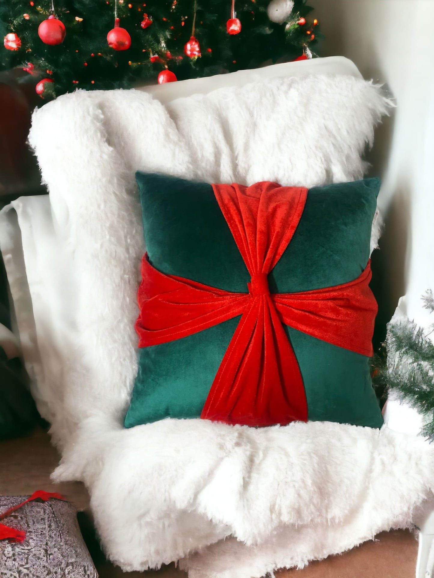 Mistletoe Bow Velvet Christmas Cushion Cover by Lushlyf