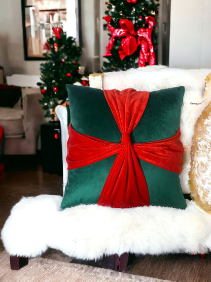 Mistletoe Bow Velvet Christmas Cushion Cover by Lushlyf