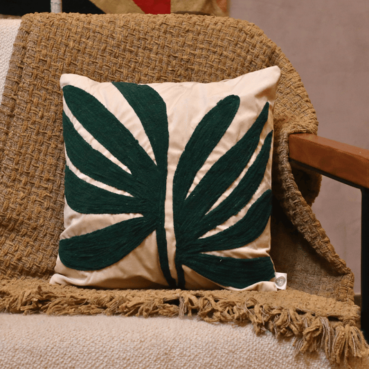 Palm Grandeur Embroidered Tufted Cushion Cover